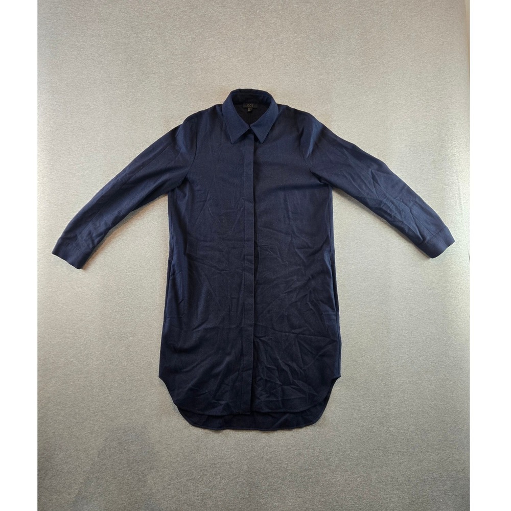 COS Shirt Dress Womens 8 Navy Blue Wool Blend Minimalist Lagenlook Long Sleeve